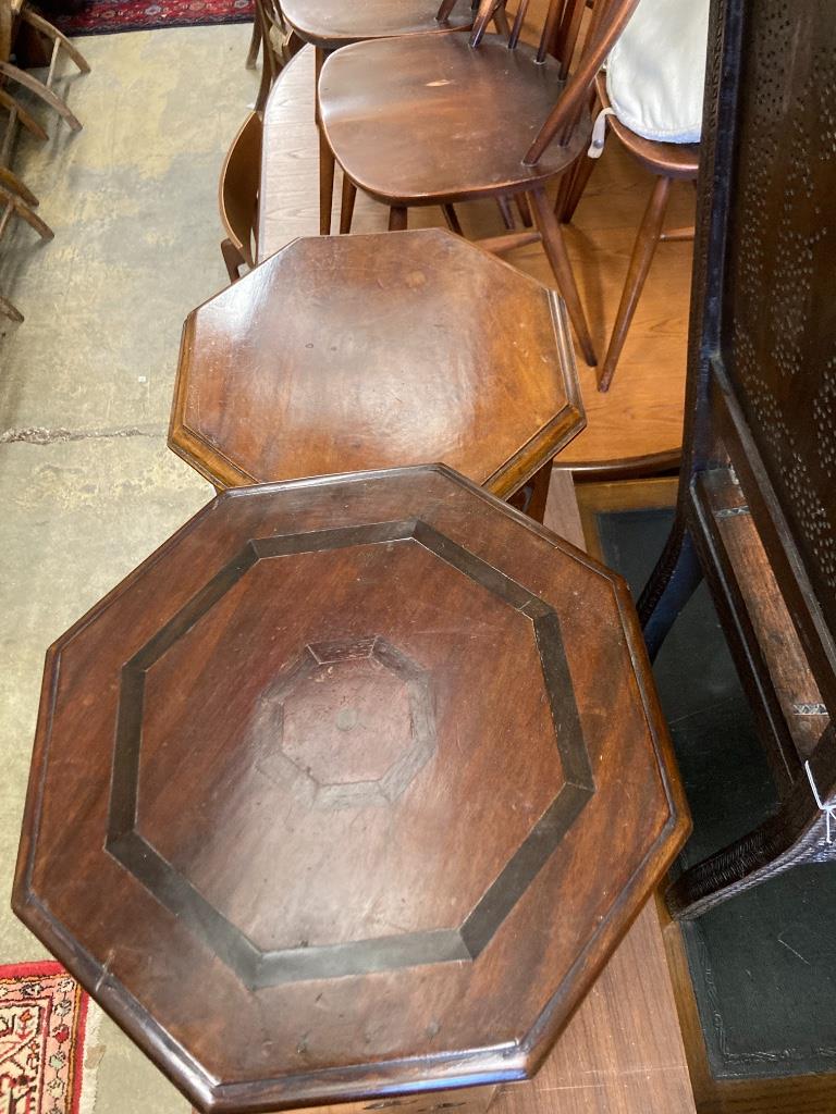 An Art Nouveau octagonal mahogany occasional table, width 34cm, depth 34cm, height 32cm together with a similar larger table